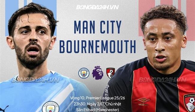 Trực tiếp bóng đá Man City vs Bournemouth 23h30 ngày 2/11 (Ngoại hạng Anh 2025/26)